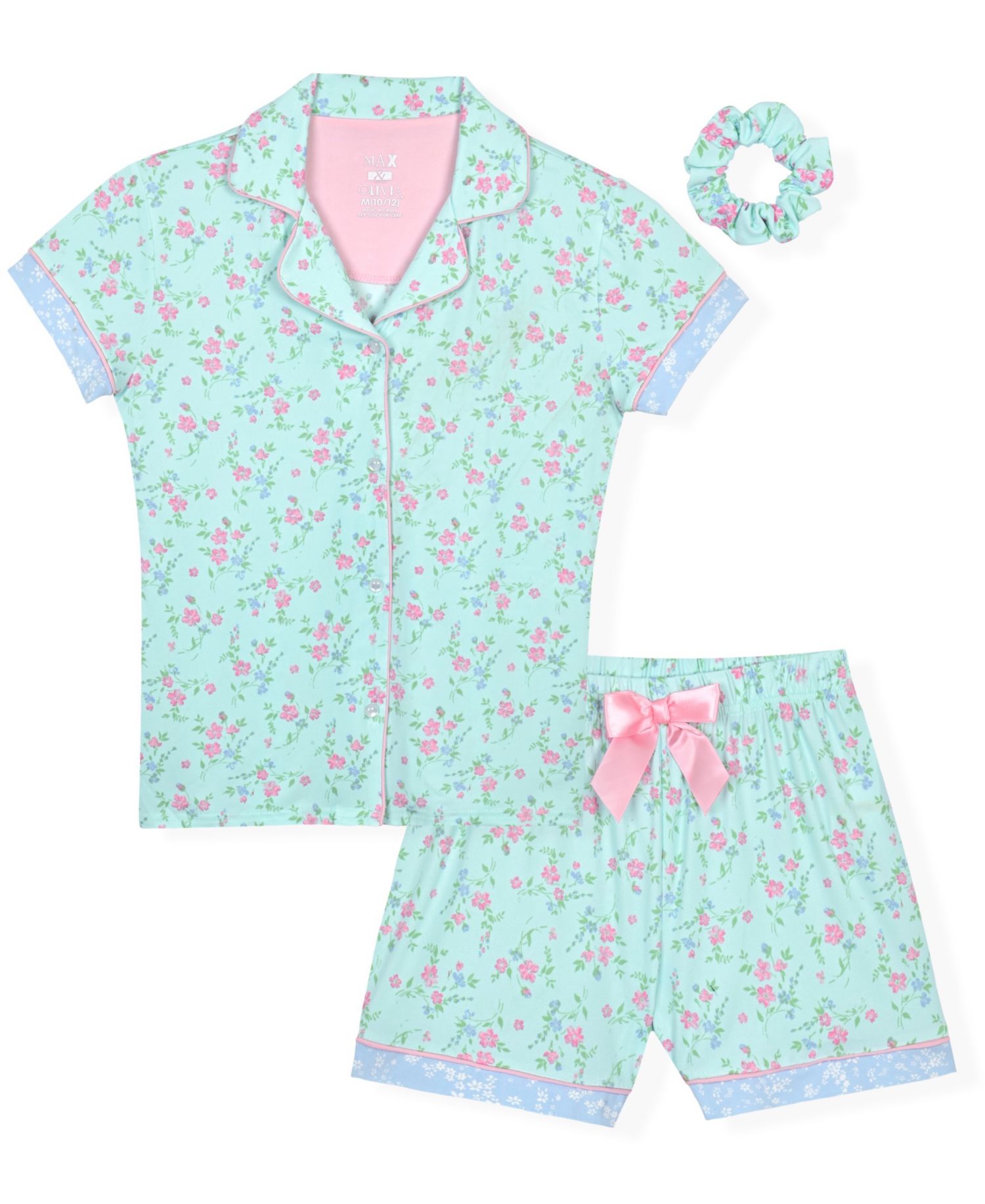 Girls' 7-16 Short-Sleeve Top and Mint Floral Shorts Sleep & Play with Scrunchie, 3-Piece Set