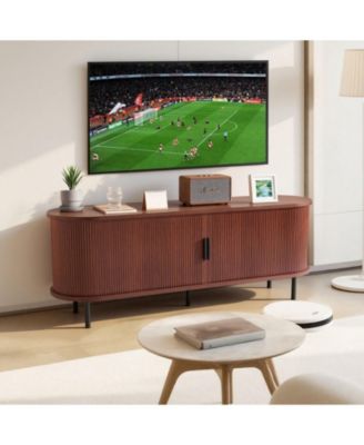 TV Stand, Boho Entertainment Center for TV, 350 lbs Load, TV Media Console Table with Adjustable Storage Shelves and Rolling Door