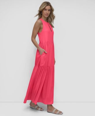 Women's Sleeveless Keyhole Crewneck Tiered Maxi Dress