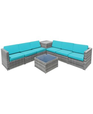8 Piece Rattan Outdoor Patio Sofa Sectional Conversation Furniture Set w/ Cushions and Coffee Table