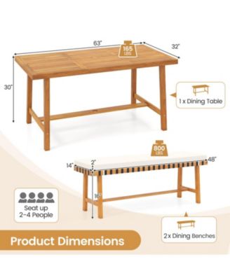 3-Piece Farmhouse Patio Dining Set with 63 in Acacia Wood Table, 2 Cushioned Benches