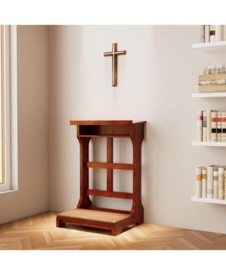 Acacia Wood Prayer Kneeler Bench with Storage Shelf and Soft Cushion, Comfortable Wooden Kneeling Meditation Seiza Stool for Praying