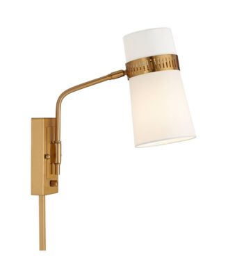 Cartwright Modern Wall Lamp Set of 2 Brass Plug-In 6" Fixture Swing Arm Linen Cylinder Shade for Bedroom