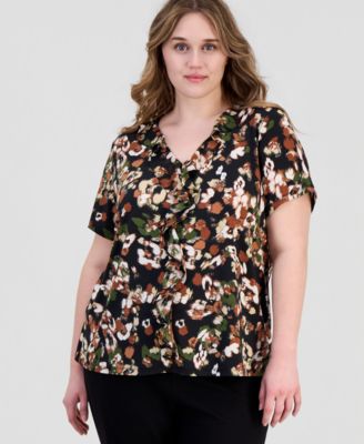 Plus Printed Ruffle-Trim Short-Sleeve Top