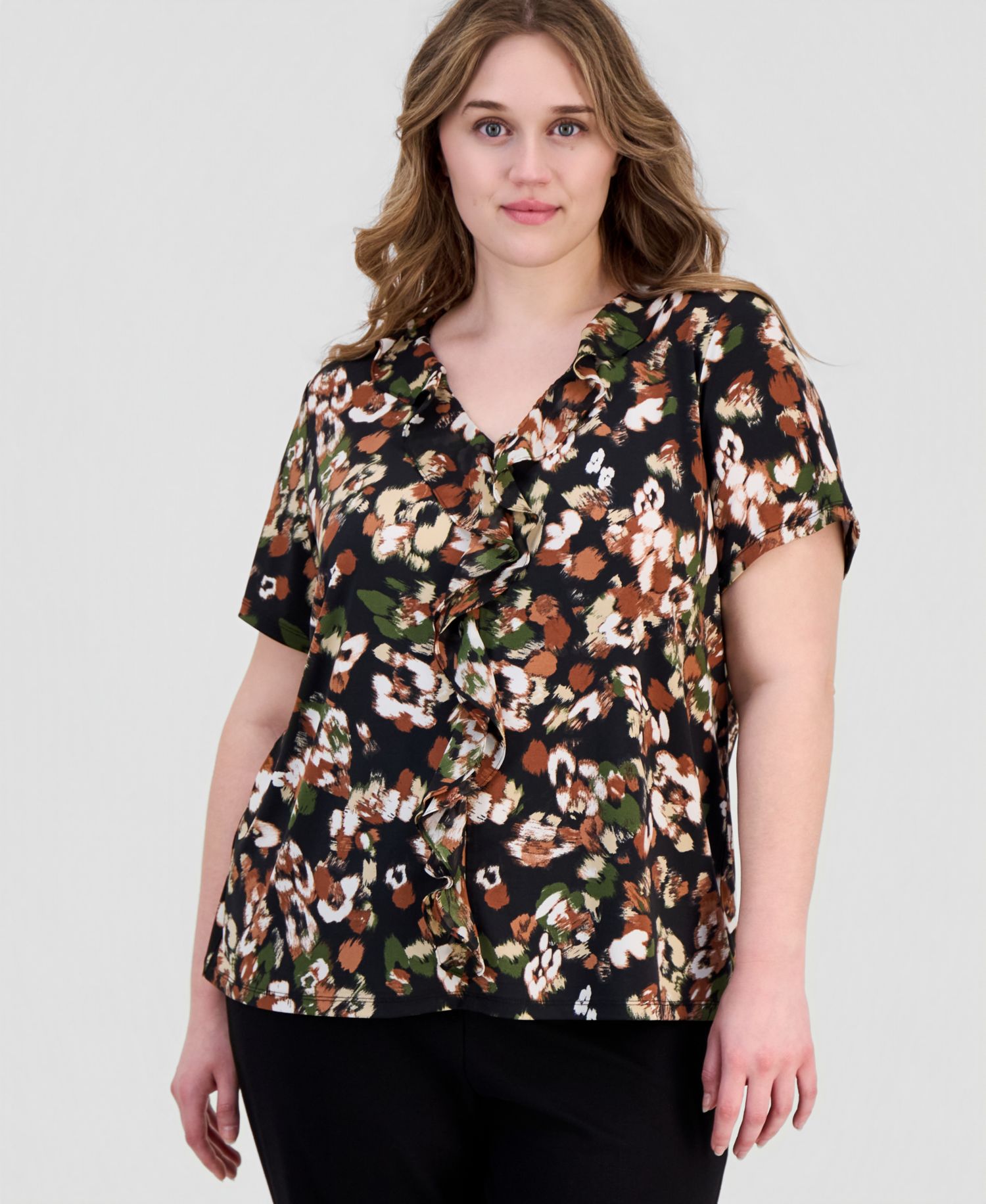 Petite Printed Ruffle-Trim Short-Sleeve Top