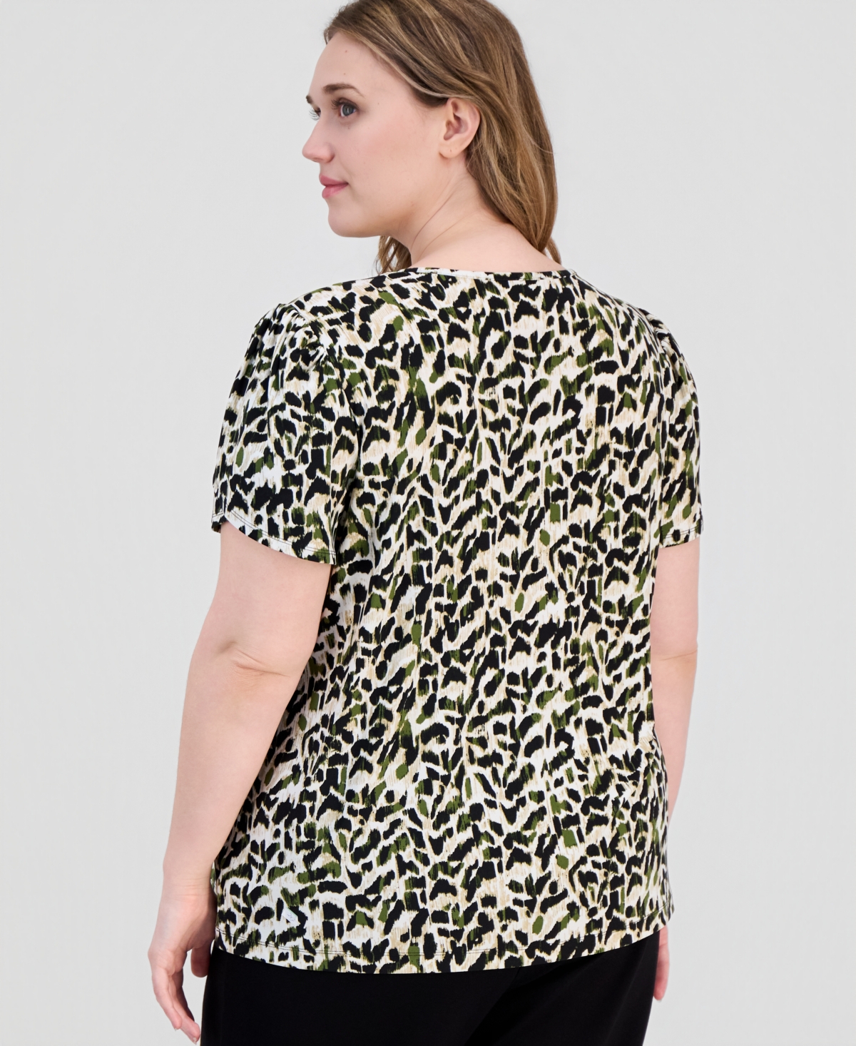 Anne Klein Essentials Plus Printed Tulip-Sleeve Top