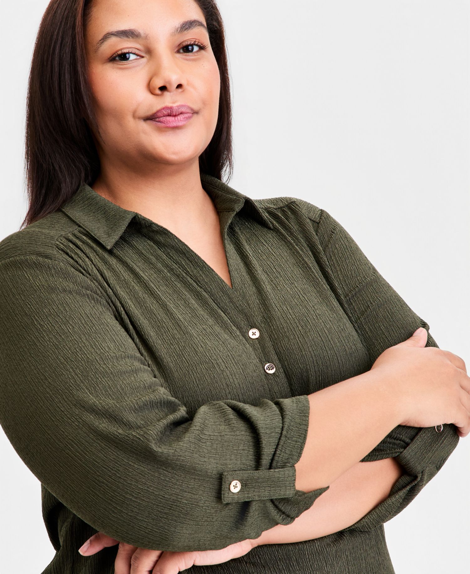Plus Size Collared 3/4-Sleeve Blouse