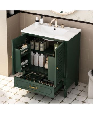 30 Inch Bathroom Vanity with Sink, Acacia Wood Freestanding Cabinet, Soft Closing Door, Ceramic Top, Drawer Storage