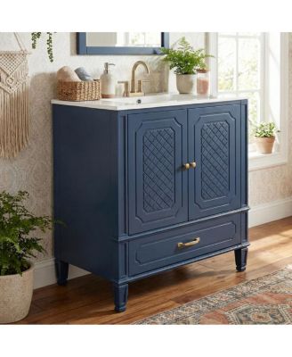 30 Inch Bathroom Vanity with Sink, Acacia Wood Freestanding Cabinet, Soft Closing Door, Ceramic Top, Drawer Storage