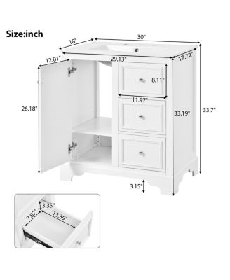 30 Inch Bathroom Vanity with Sink, Solid Wood Frame, Modern Freestanding Cabinet, Soft Close Drawers and Ceramic Top