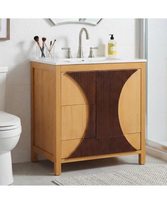 30 Inch Mid-Century Modern Bathroom Vanity with Sink, Freestanding Fluted Wood Cabinet, 3 Drawers and Soft Close Door