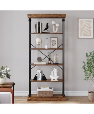 6-Tier Industrial Wooden Bookshelf with Metal Frame, Rustic Tall Display Rack for Living Room