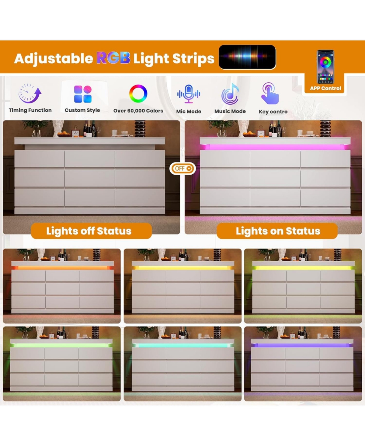 gaomon 63" Wide Chest of Drawers with Led Light and Charging Station, Large Tv Stand Multi-Function Home Organizer for Living