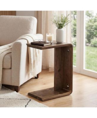 C-Shaped Solid Wood End Table, Wooden Narrow Sofa Side Table