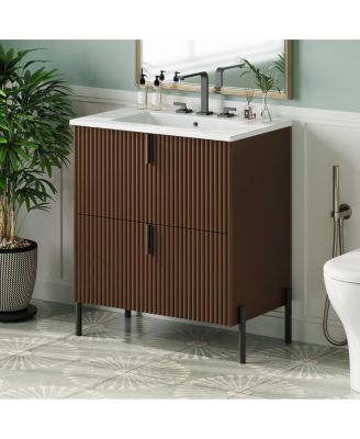 Bathroom Vanity with Sink, Modern Fluted MDF Cabinet, Soft Close Full-Extension Drawers for Small Spaces