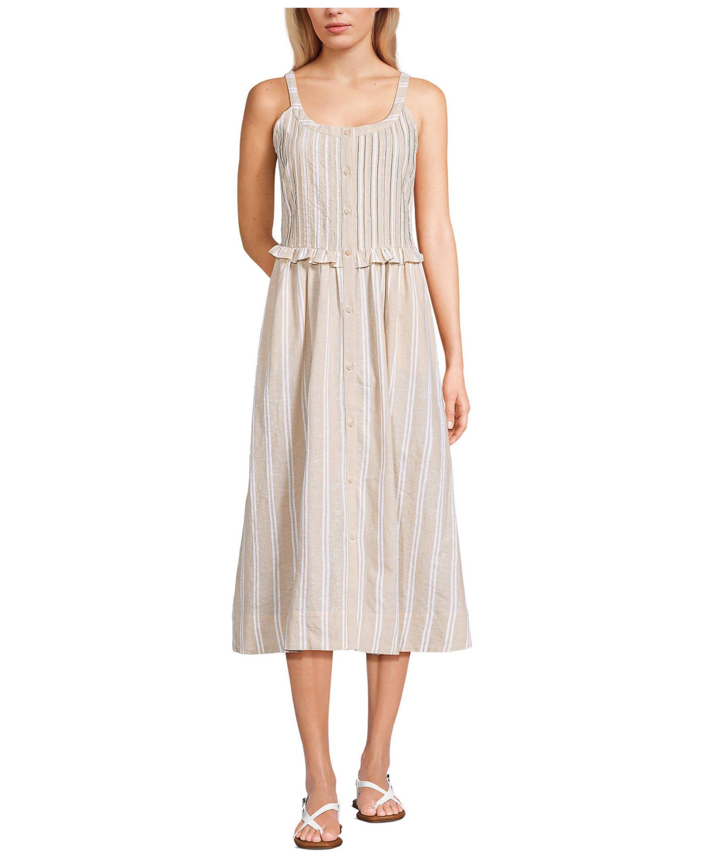 Женское платье Lands' End Linen Blend Pintuck Tank Midi, цвет: Шампань / Белый полосатый — фото 1