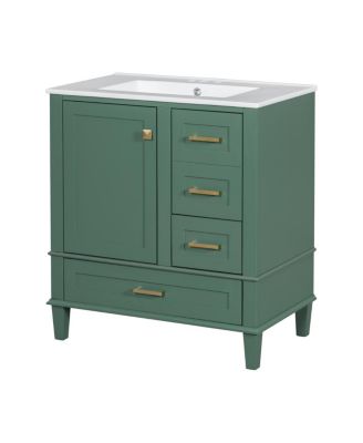 Sage Green Bathroom Vanity with Ceramic Sink, Freestanding Solid Wood MDF Cabinet, 3 Drawers Soft Close Door for Small Bathrooms
