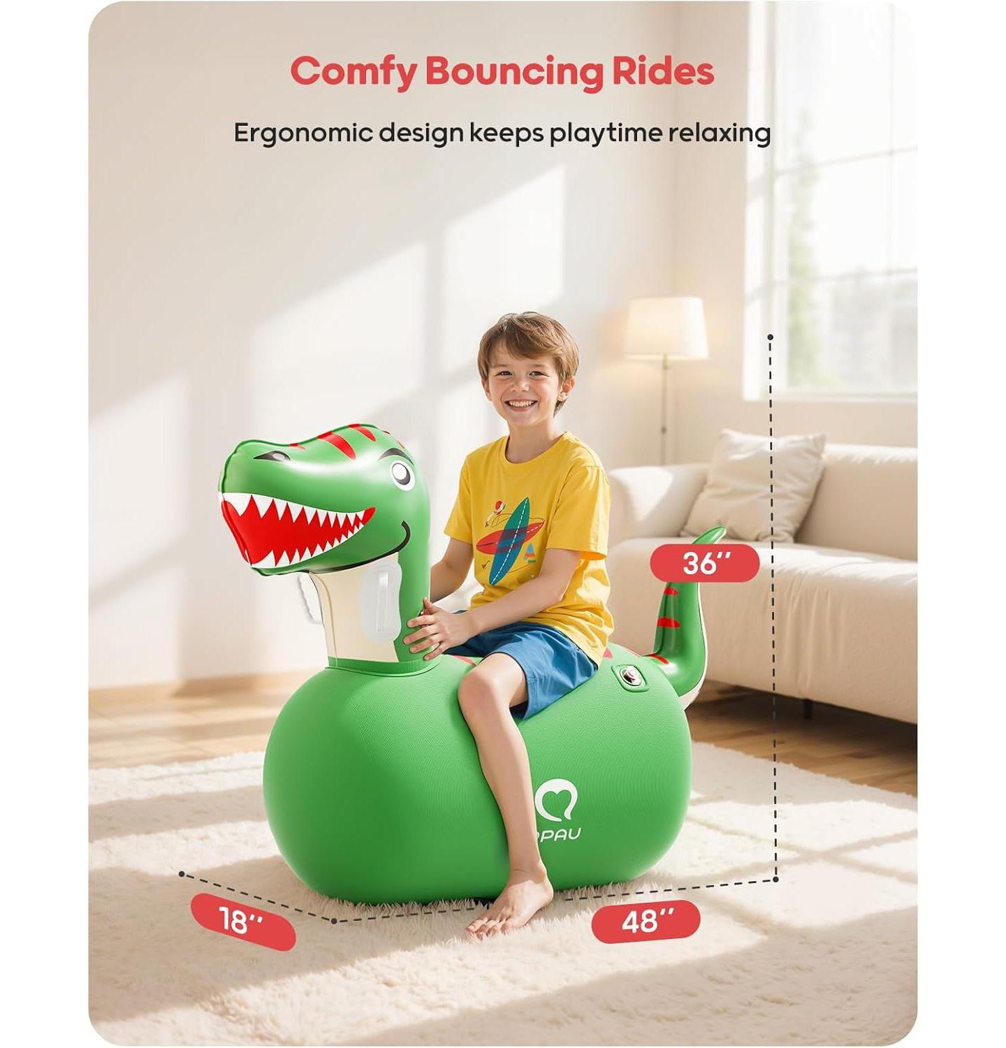 Детская игрушка QPAU Dinosaur Bouncing Horse, 48"L x 18"W x 36"H, 220 lbs Load Capacity, Ride-On Bouncy Animal Hopper, Ages 8+, цвет: Зелёный — фото 2