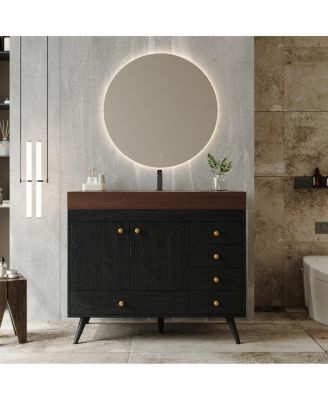 36" Freestanding Bathroom Vanity with Sintered Stone Top, Ceramic Sink, 5 Drawers and Double Door for Modern Bathrooms