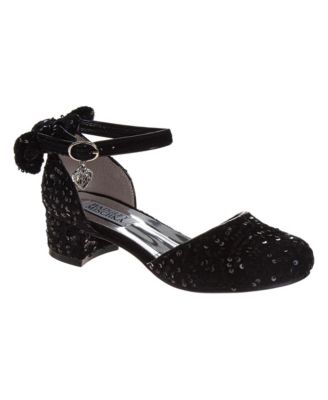 Little Girls Velvet and Sequin Dress Heels with Bow, Ankle Strap