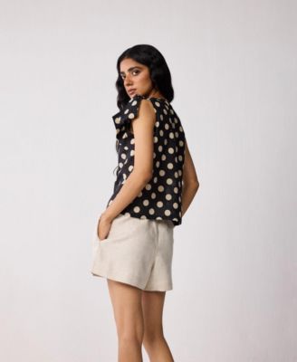 Women's Regular V-Neck Polka Dot Top with Bow Detail