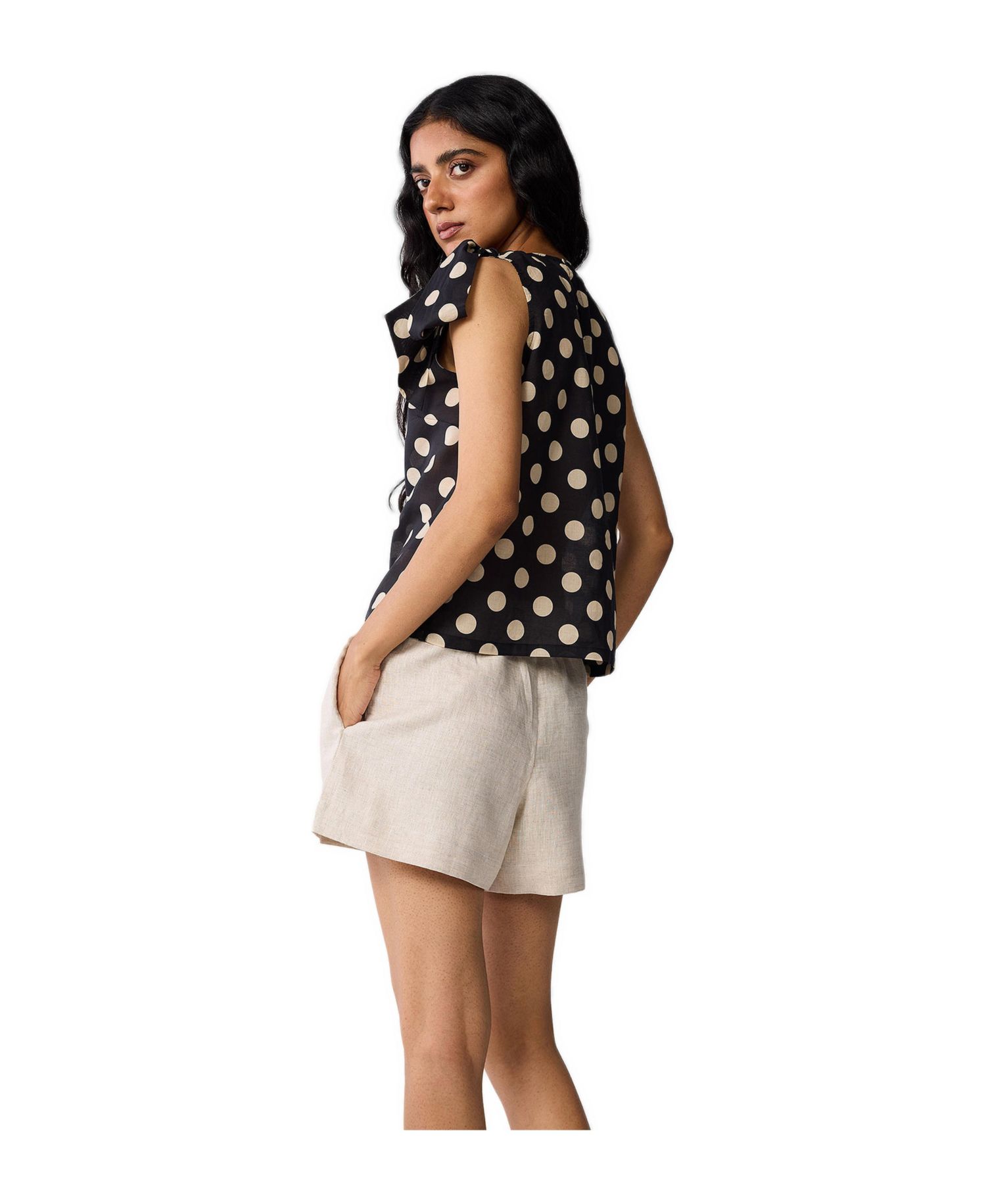 Women's Regular V-Neck Polka Dot Top with Bow Detail