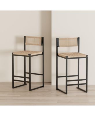 Paper Rope Woven Bar Stools Set of 2, 25'' Counter Height Chairs with Back, Footrest for Kitchen Island, Home Pub, Honey