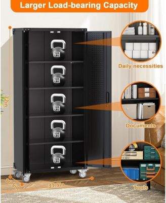 72"H Garage Storage Cabinet - 600 Lbs Weight Capacity Metal Storage Cabinet with 1.58" Reinforced Steel Frame,Magnetic Automatic Door Lock & 4