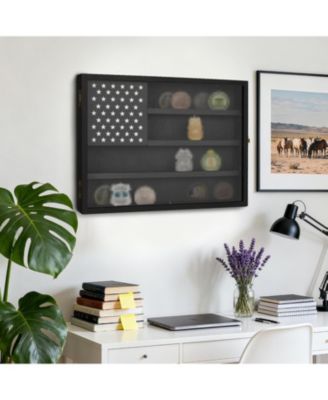 Challenge Coin Display Case,4-Row Wooden Challenge Coin Holder Display with Double-Groove Shelves,Lock&Acrylic Door for Military Medals, Casino