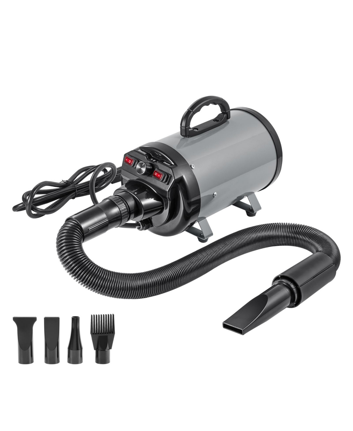 Zeus and Ruta 2800W Cat Dryer with Adjustable Speed and Temperature Control 4 Nozzles Extendable Hose Grey Black Pet Grooming