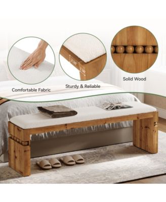 55.1" Wide Upholstered Bench, Solid Wood Bedroom Bench with Boucle Cushion, Modern Entryway Bench
