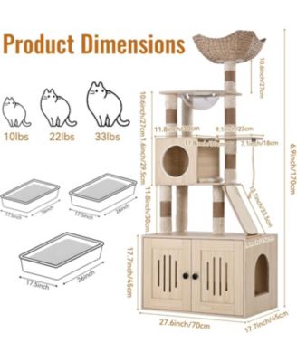 Cat Tree with Litter Box Enclosure, Hidden Washroom Litter Box Tree with Sisal Scratching Post and Soft Plush Perch, Wooden Cat Furniture