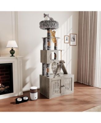 Cat Tree, 66.9-Inch Cat Tower with Litter Box Enclosure, with Hammock, Washable