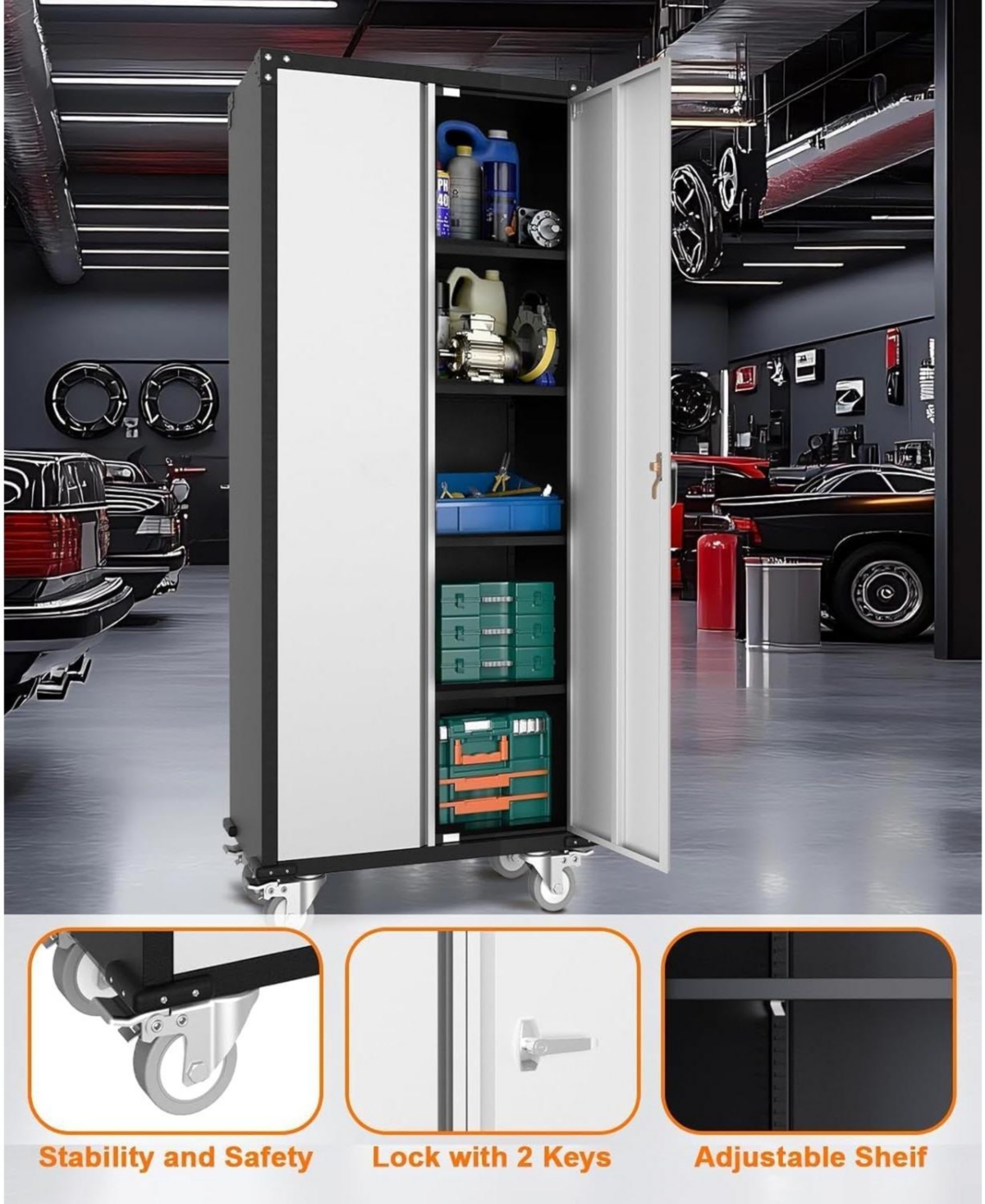 gaomon Metal Storage Cabinet 72" H with Wheels, Steel Tool Cabinet with Lock and 4 Adjustable Shelves and Lockable Rolling,Storage Organization