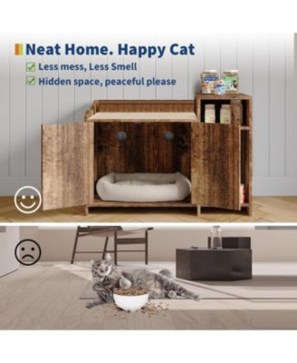 Wooden Cat Litter Box Enclosure with Storage Shelf & Barn Door, Hidden Indoor Cat House End Table