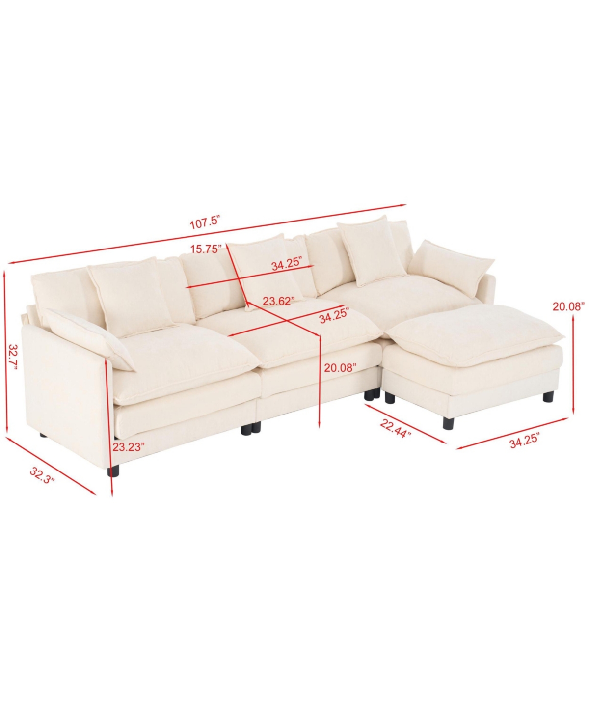 Boyel Living 108 Inch L Shaped Modern Modular Sectional Sofa with Ottoman Chenille Cloud Couch 4 Seat Deep Pillow Top Arms