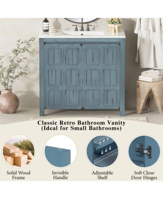 36" Retro Bathroom Vanity with Ceramic Sink, Solid Wood Frame and Soft Close Doors, Spacious Storage Cabinet for Modern Bathrooms.