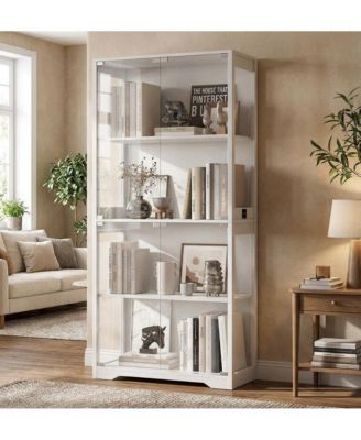 Glass Display Cabinet 4-Tier, Curio Bookcase Cabinets with Glass Doors, 3 Color Lights, Human Body Sensor & Charging Ports, for Living Room
