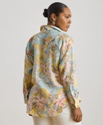Plus Size Relaxed-Fit Floral Linen Shirt