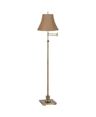 Traditional Swing Arm Floor Lamp Adjustable Height 70" Tall Antique Brass Burlap Fabric Bell Shade Living Room Bedroom