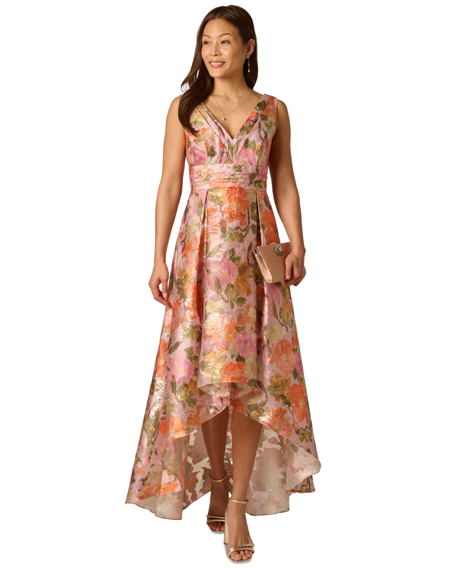 Adrianna Papel Metallic Floral Jacquard High-Low Gown