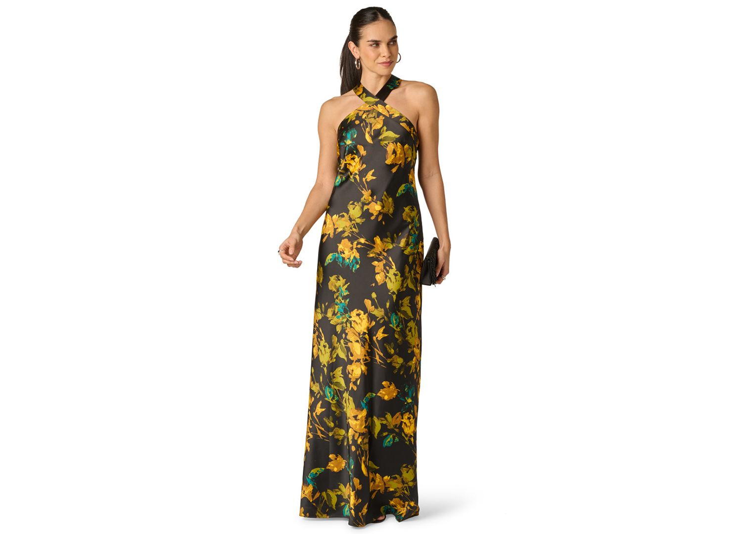 Women's Floral Stretch Satin Scarf Halter Gown