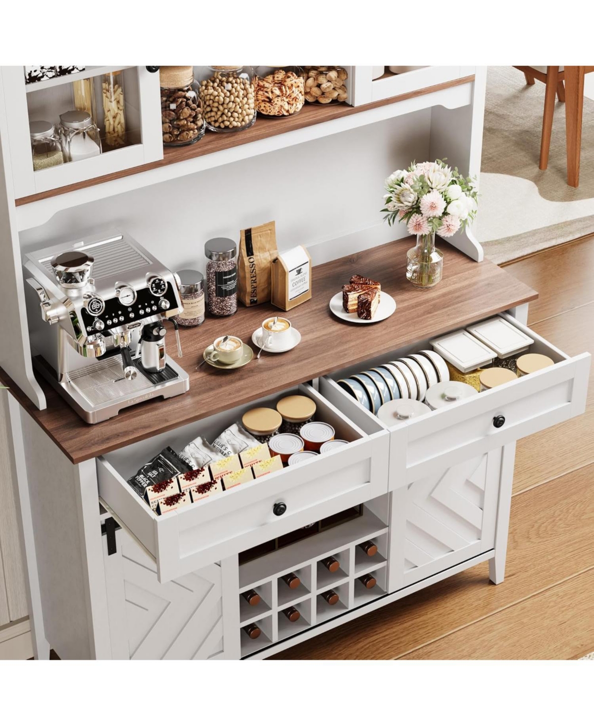 gaomon 72" Farmhosue Bar Cabinet with Sliding Barn Door, Large Kitchen Buffet with Hutch Wine with Charging Station, 2 Drawers, 8 Storage Shelves