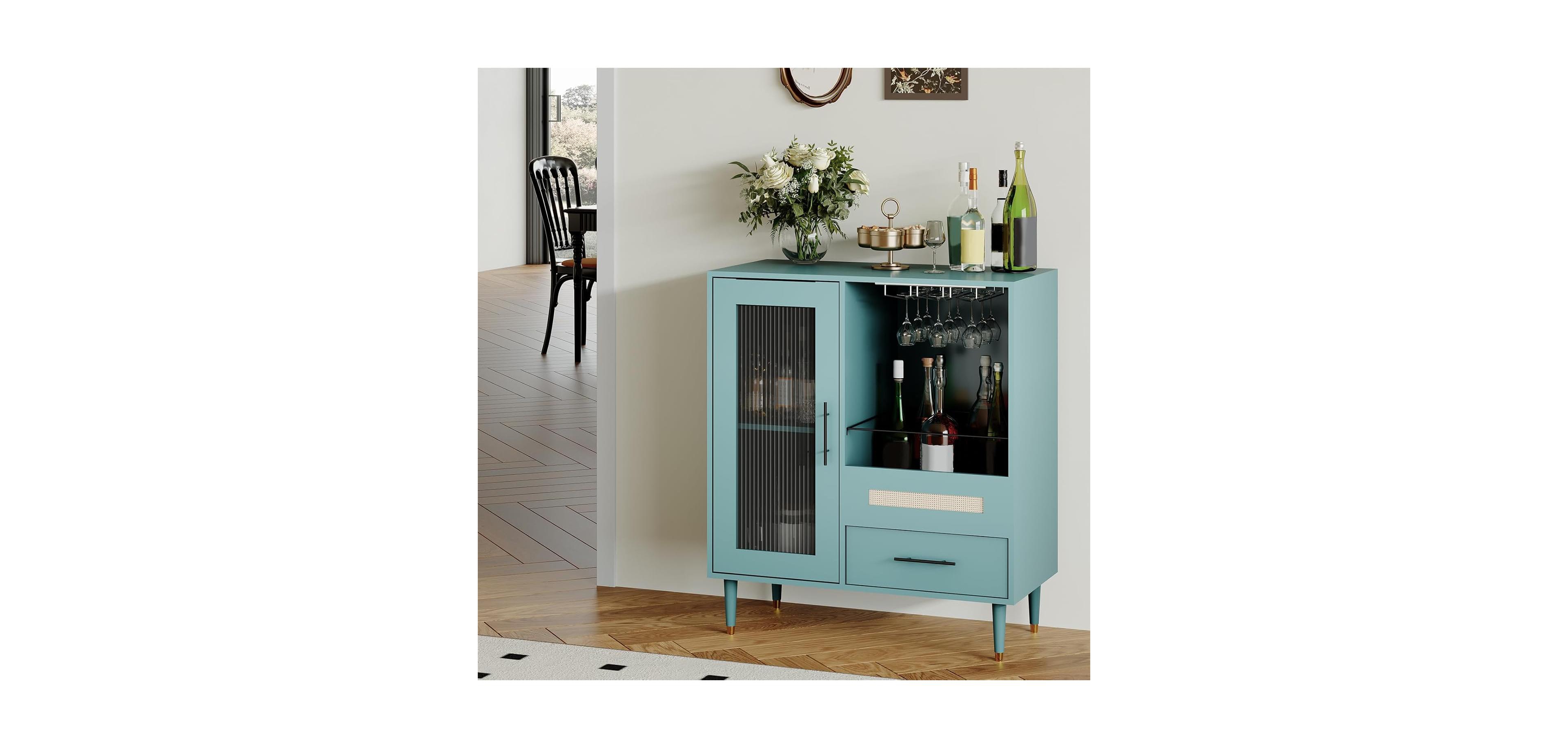 gaomon Modern Wine Bar Cabinet with Tempered Glass Door – Wine Rack, Drawers and Ample Storage – Freestanding Sideboard Buffet.