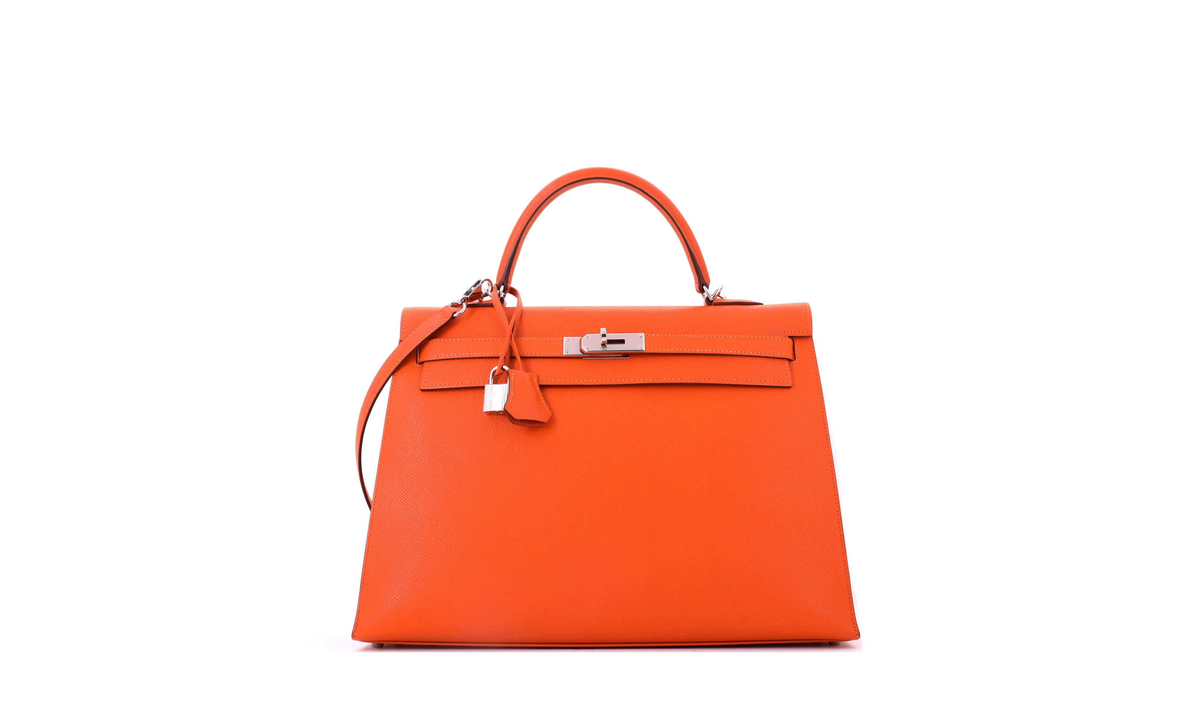 Pre-Owned HERMES Kelly 35 Handbag Orange Epsom with Palladium Hardware