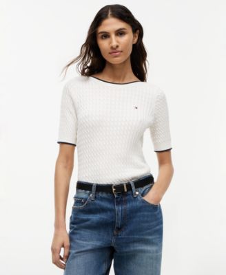 Women's Boat Neck Short-Sleeve Cotton Sweater
