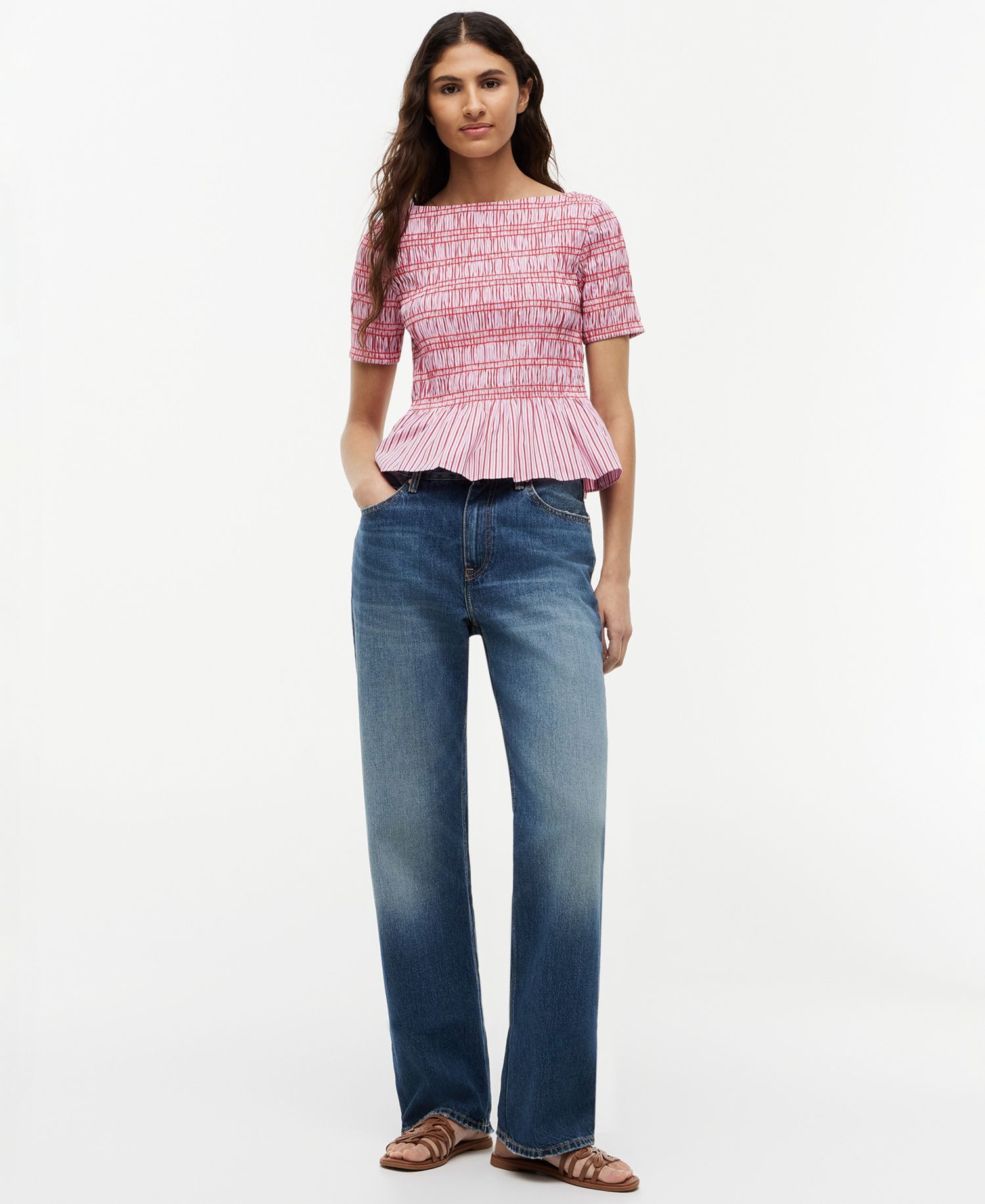 Women's Smocking Striped Boat Neck Cotton Top