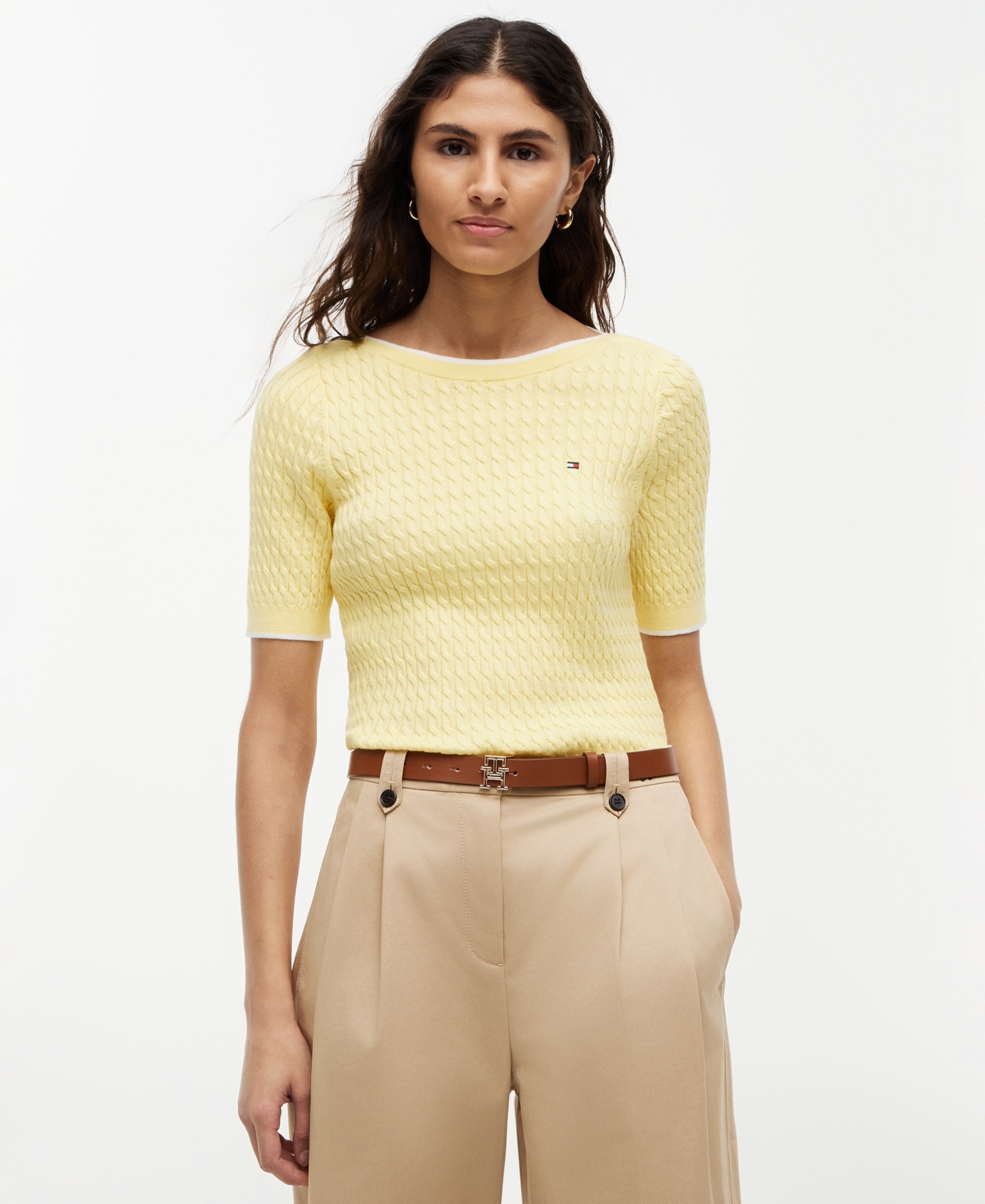 Tommy Hilfiger Women's Boat Neck Short-Sleeve Cotton Sweater - Citronella