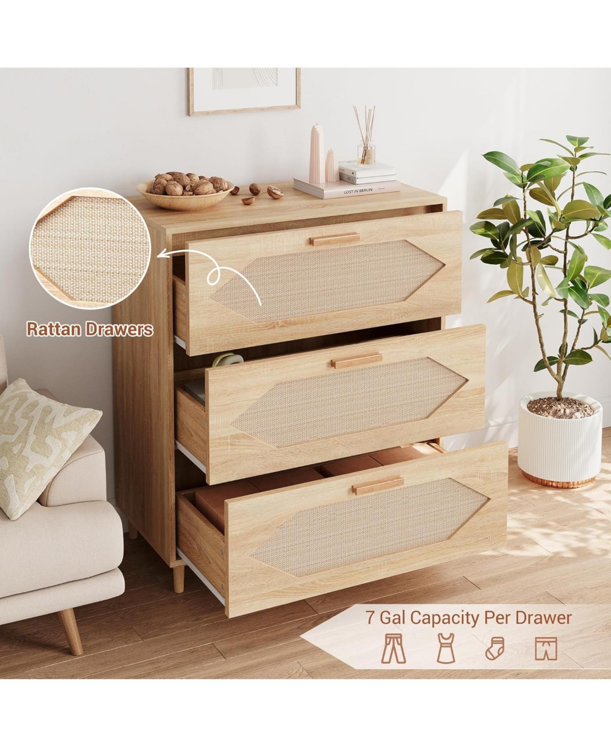gaomon Dressers for Bedroom, 3 Drawer Rattan Dresser with Spacious Storage, Modern Wood Chest of Drawers, Rustic Oak Wooden Nightstand for Bedroom