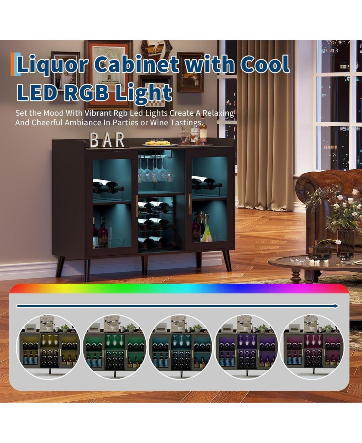 gaomon Wine Bar - Led Lighting, Glass Doors, 18-Bottle Wine Racks, Glass Holders - Wood Coffee Bar Station for Home, Living Room